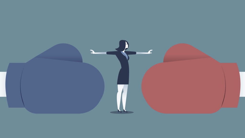 Woman Stop Conflict Or Stop Fighting. Concept Business Illustration. Vector Abstract And Character.