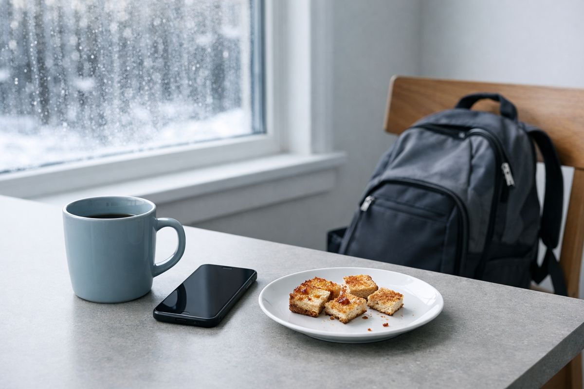 A quiet kitchen in winter light with a cold coffee mug, a phone lying face-up and dark beside it, a half-eaten piece of toast broken into small squares on a plate, and a school backpack slumped near a chair by a window streaked with salt from snow.