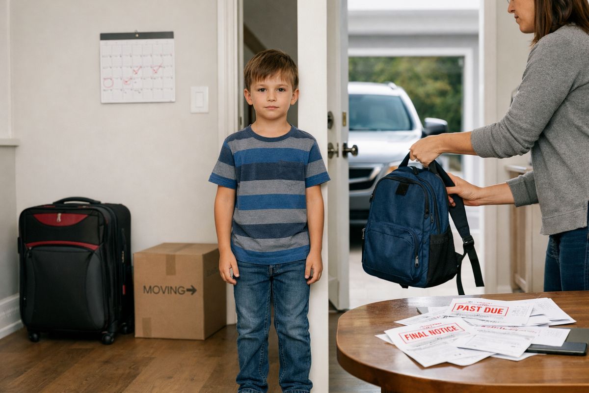 A child standing in a doorway between two different homes, with one side showing a packed suitcase, a calendar on the wall, and a moving box, and the other side showing a kitchen table with overdue bills, a car in the driveway, and a parent handing over a backpack during a tense pickup