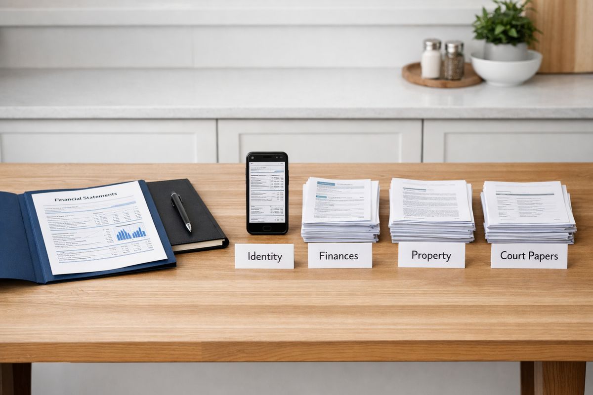 A neatly organized kitchen table with a folder of copied financial statements, a notebook, a phone showing scanned documents, and several small stacks of papers arranged into groups for identity, finances, property, children, and court papers
