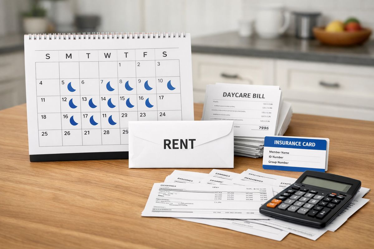 A family kitchen table with a calendar showing overnight custody days, a stack of daycare bills, a rent envelope, and an insurance card beside a calculator and several paper pay stubs