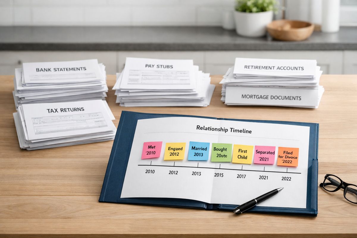 A kitchen table covered with neatly stacked bank statements, tax returns, pay stubs, retirement account papers, mortgage documents, and a folder opened to a one-page timeline with sticky notes marking major dates in the marriage and separation.