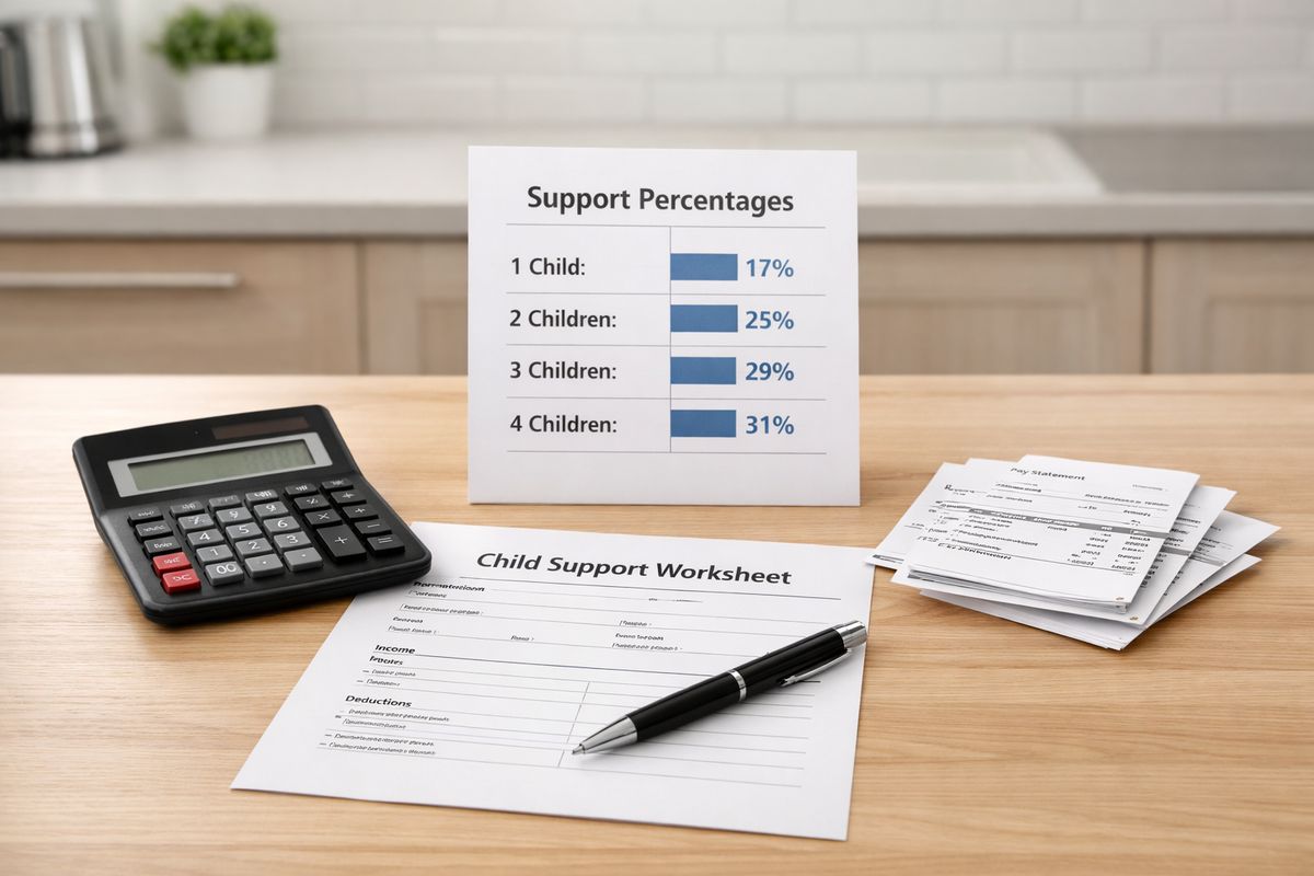 A kitchen table with a child support worksheet, a calculator, a pen, and a small stack of pay stubs, with a simple paper chart showing different support percentages by number of children