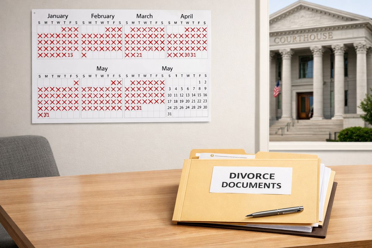 A wall calendar with more than four months marked off by crossed-out days, a courthouse building in the background, and a folder of divorce papers beside a kitchen table, showing the gap between filing and final judgment.