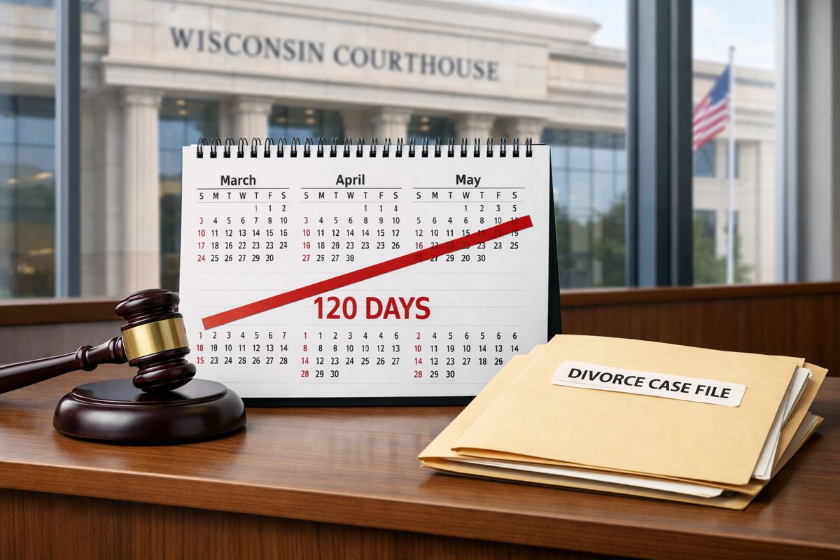 A Wisconsin courthouse exterior with a calendar page marked by a long 120-day span, a gavel on a clerk's counter, and a couple of manila divorce case folders waiting to be processed