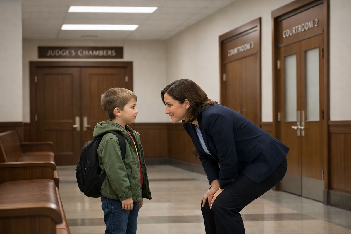 A child standing in a courthouse hallway under fluorescent lights while an adult bends down and speaks to them, with wooden benches, a row of courtroom doors, and a judge’s chamber visible in the background