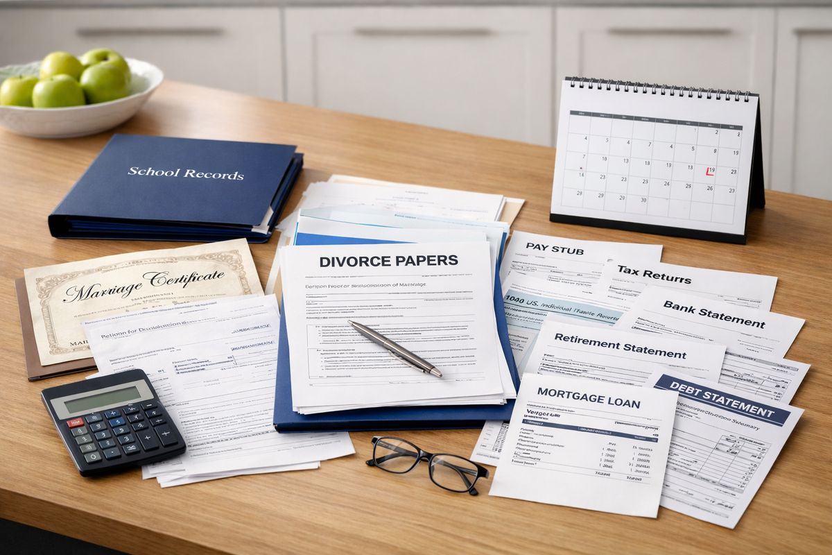 A kitchen table covered with divorce paperwork, a marriage certificate, recent pay stubs, tax returns, bank statements, retirement account statements, mortgage papers, car title documents, and debt statements, with a folder for children's school records and a calendar nearby