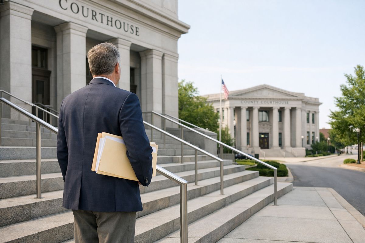 A courthouse exterior with a person standing at the wrong set of steps holding a folder of papers, while in the background another courthouse building is visible down the street, suggesting the need to choose the correct state and county before filing