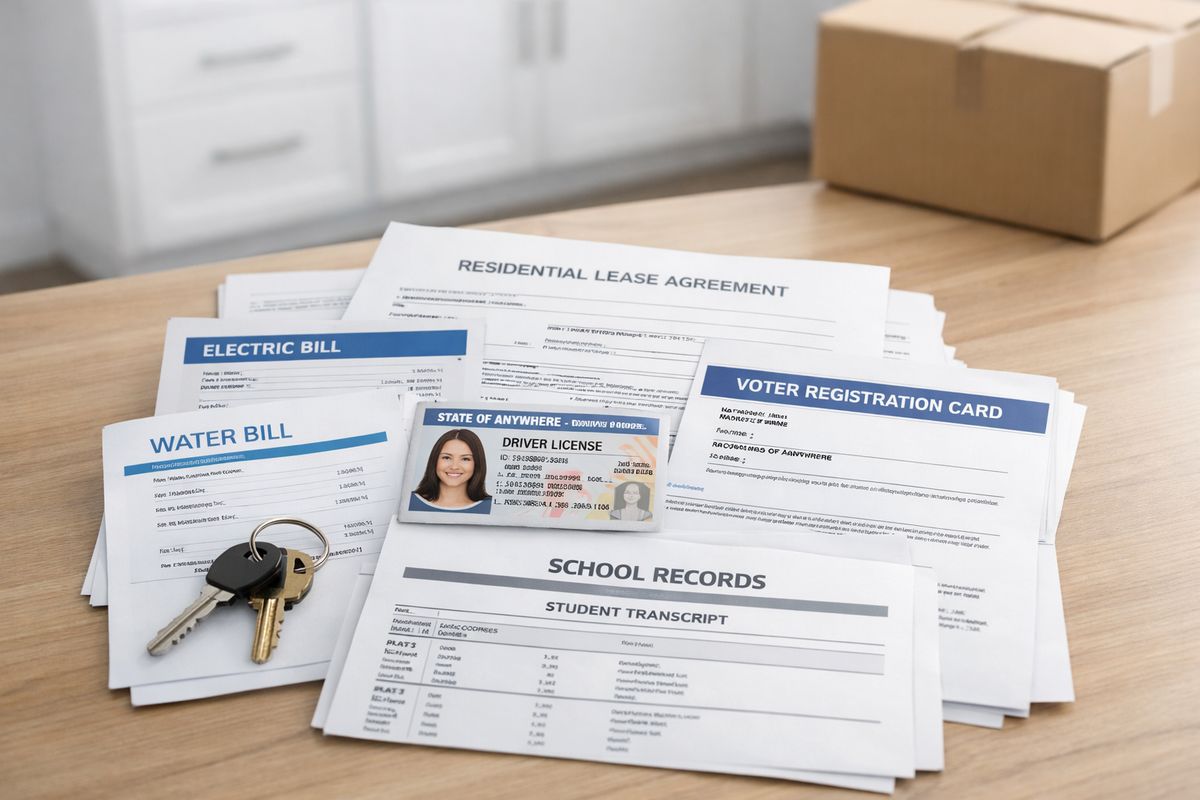 A stack of residency proof documents spread across a kitchen table, including a lease, utility bills, a driver’s license, a voter registration card, and school records, with a set of apartment keys and a moving box in the background