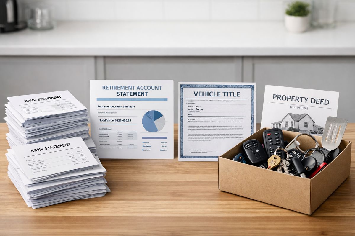 A kitchen table covered with stacks of bank statements, a retirement account statement, a car title, a house deed, and a box of household items like keys, remote controls, and utensils, showing the many kinds of assets that may be included in a divorce settlement