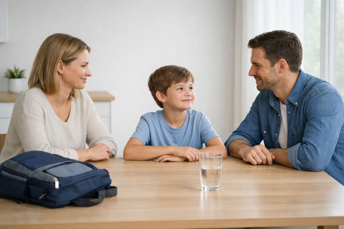 A quiet kitchen table scene with two parents seated on opposite sides of a child, a glass of water and a folded school backpack nearby, with soft daylight coming through a window and no signs of conflict