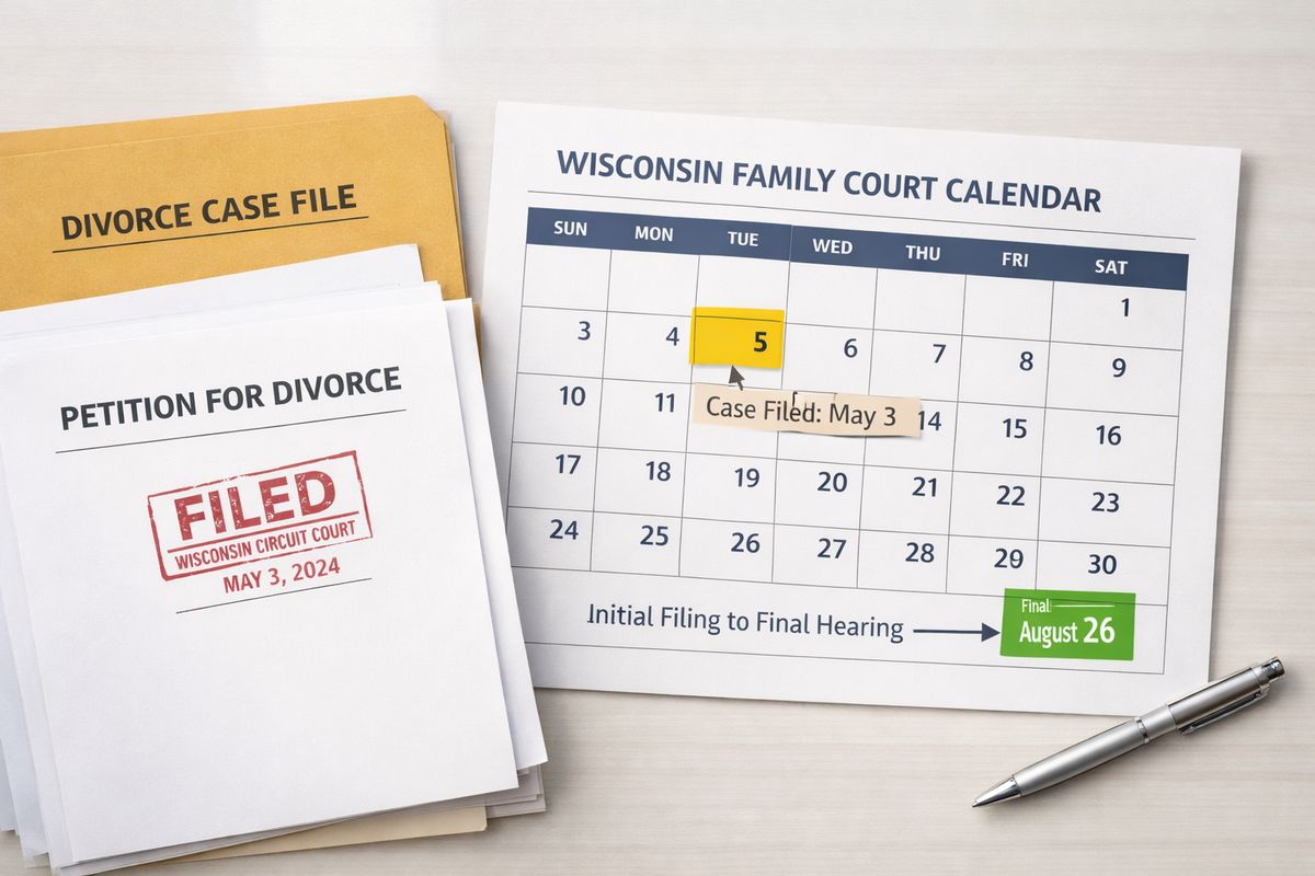 A Wisconsin family court calendar page beside a divorce case file and a stamped petition, with a highlighted date on a paper schedule showing the difference between starting a case and the date it can be finalized