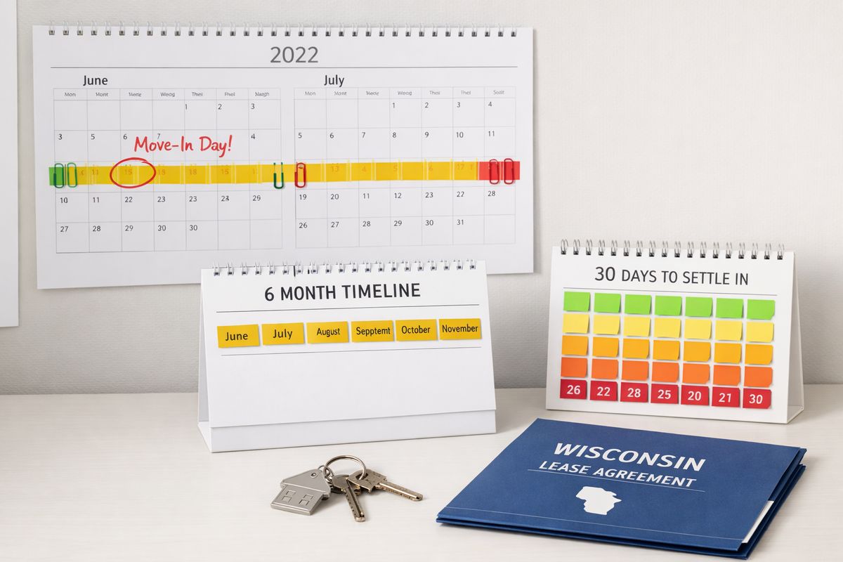 A wall calendar and desk calendar showing a move-in date in Wisconsin, with a highlighted six-month span marked by paper clips and a second smaller calendar beside it with a 30-day count marked off using sticky tabs, next to a set of apartment keys and a Wisconsin lease folder