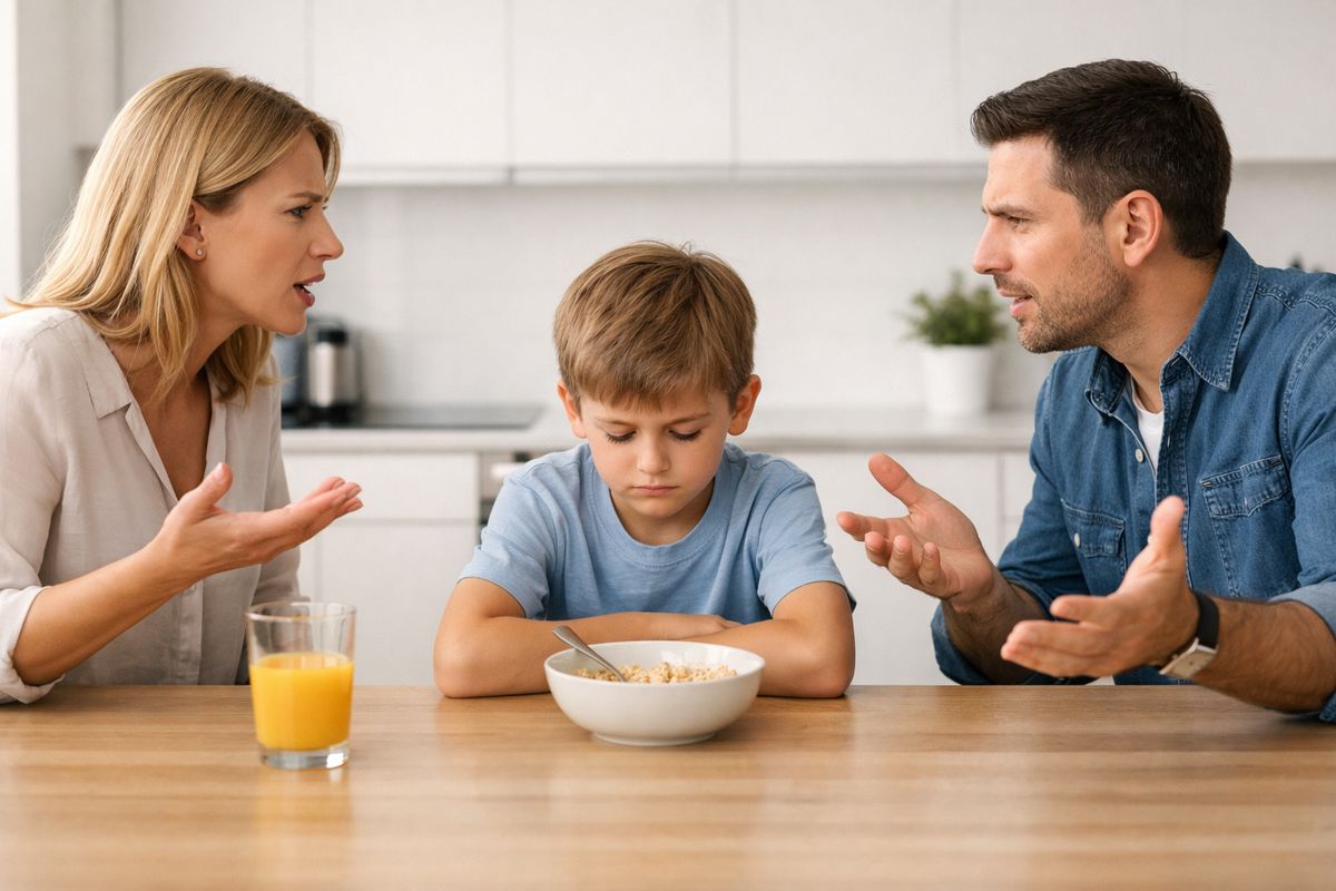 A tense kitchen scene with a child sitting between two parents at opposite ends of the table, each parent gesturing in frustration while the child looks down at a half-finished bowl of cereal, conveying blame and divided loyalty.