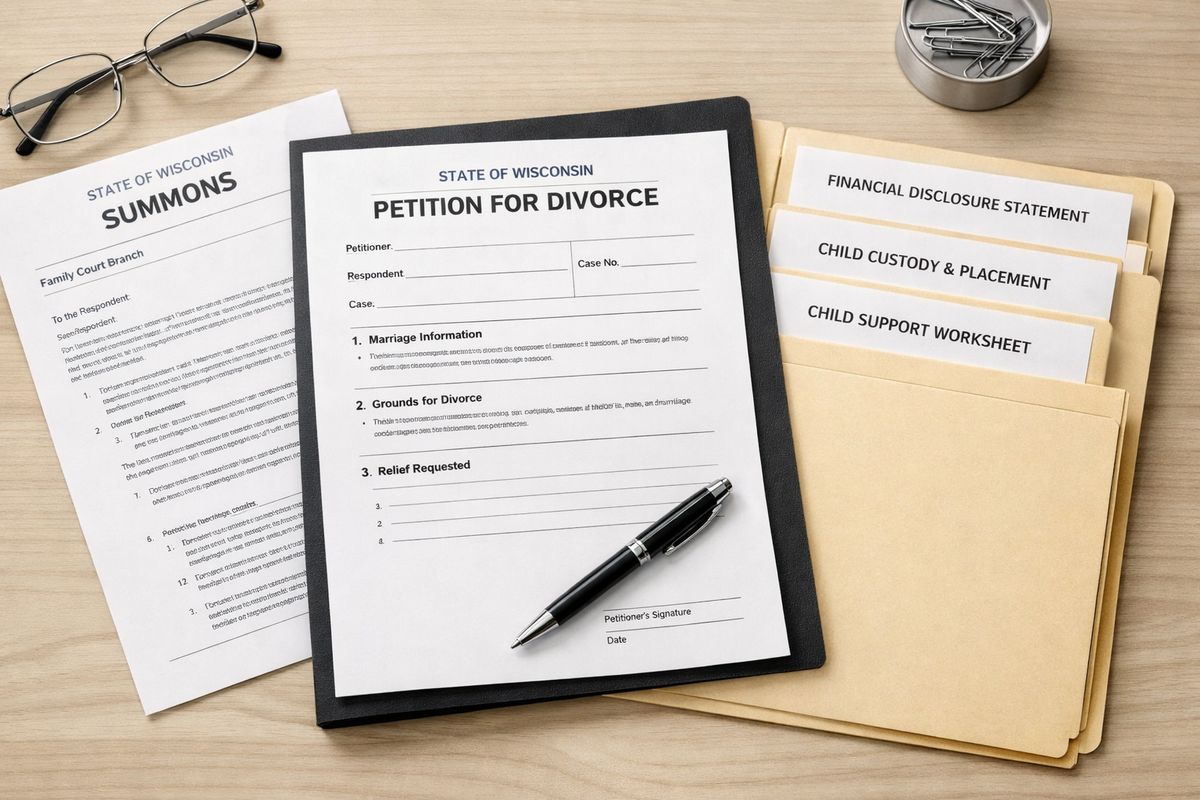 A flat lay of Wisconsin divorce paperwork on a desk, with a petition form on top, a summons beside it, and a folder containing financial statements, child-related forms, and a pen ready for signing