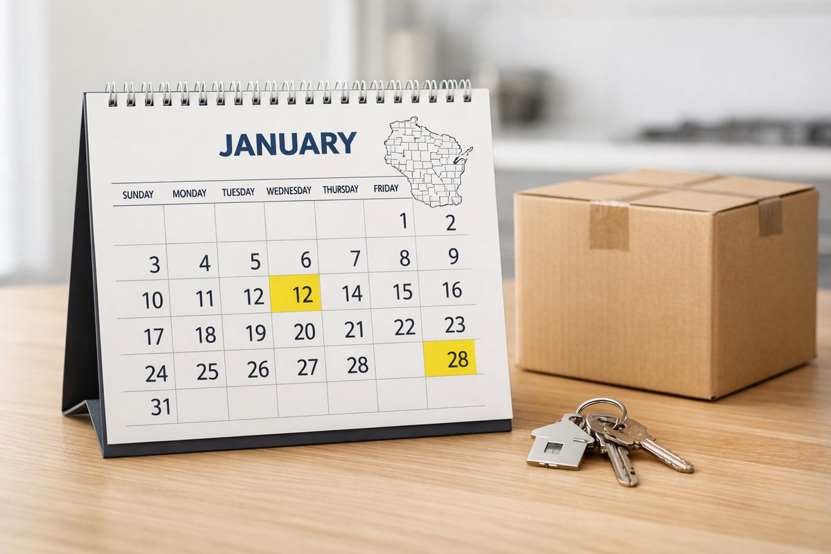 A desktop calendar open to January with two highlighted dates, a small map of Wisconsin with county boundaries, and a moving box sitting beside a set of house keys on a kitchen table