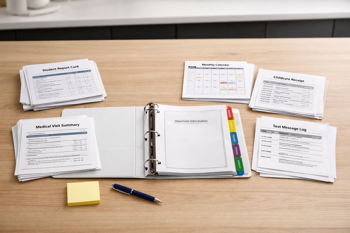 A neatly organized binder open on a kitchen table with tabbed sections, stacks of school report cards, medical visit summaries, calendar printouts, childcare receipts, and printed text messages arranged beside it, with a pen and sticky notes placed for sorting documents into folders