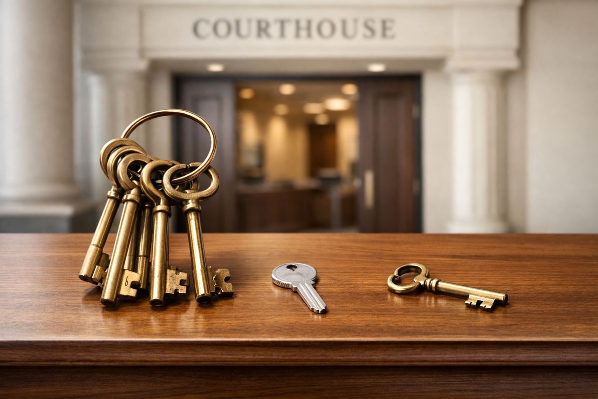 A courthouse entrance with a set of large brass keys hanging on a ring beside a second smaller key and a third different key, arranged on a wooden bench to suggest different legal powers needed for divorce, support, and custody decisions