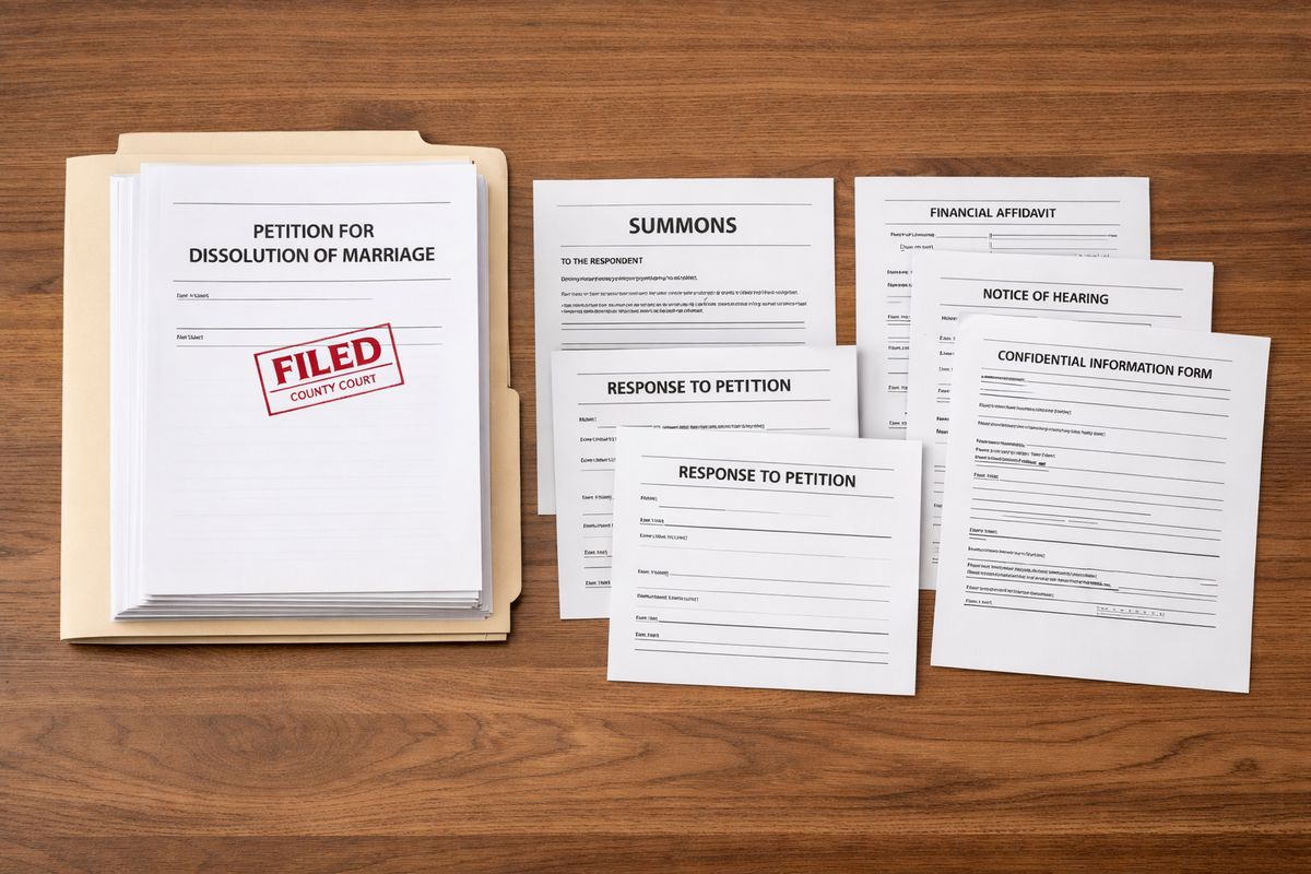 A neat stack of court documents on a wooden table, with a stamped petition, a summons sheet, blank response forms, and a few additional court forms laid beside a folder, showing the full initial divorce packet ready to be served