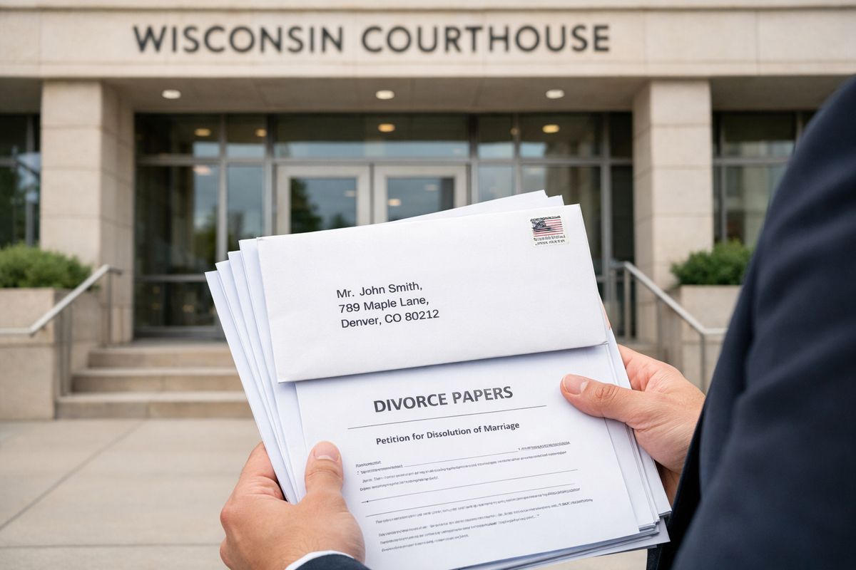 A Wisconsin courthouse exterior with a person holding a stack of divorce papers at the entrance while another home address envelope sits on top of the stack, suggesting a divorce case can begin even when the other spouse lives elsewhere