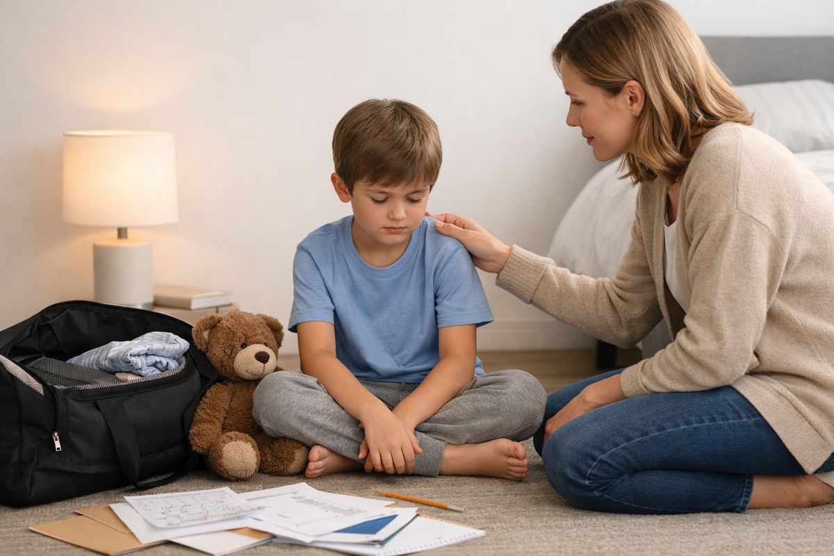A child sitting on a bedroom floor beside a half-packed overnight bag, with a stuffed animal, scattered school papers, and a small lamp casting a warm light, while an adult kneels nearby offering comfort during a quiet, emotional conversation