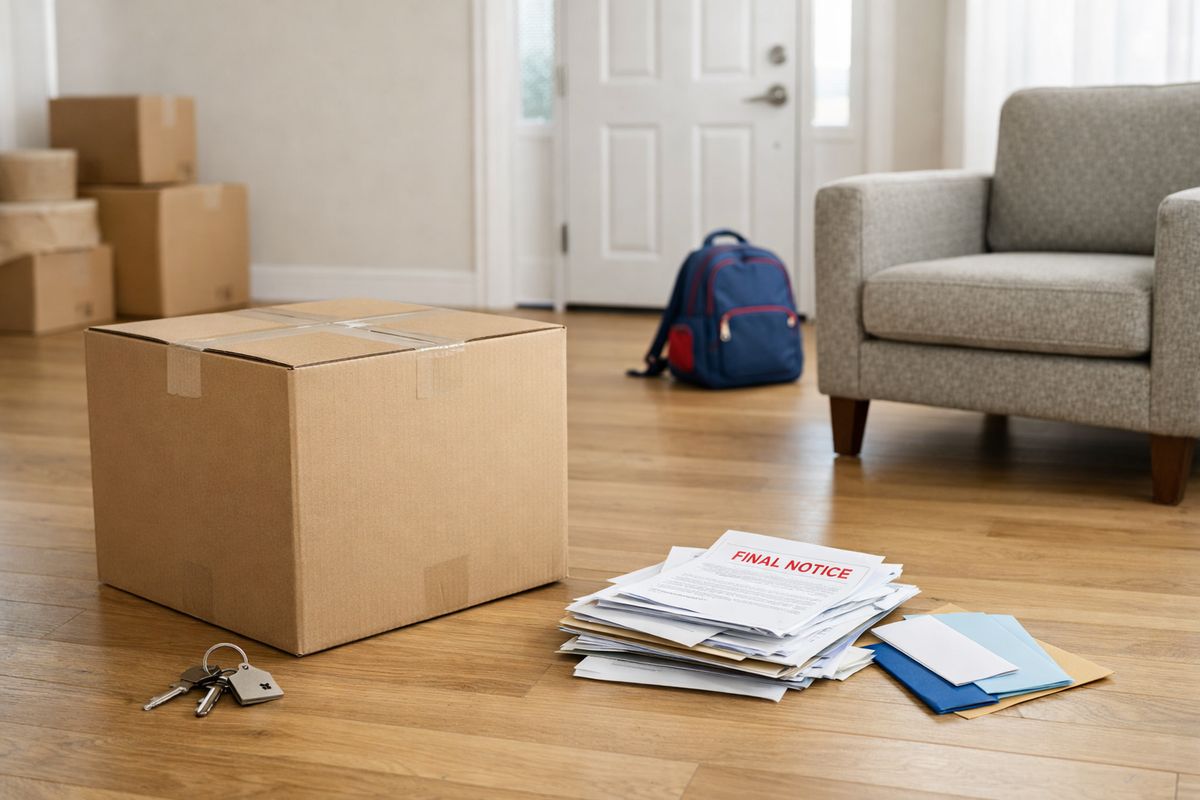 A packed moving box sitting in a half-empty living room beside a set of house keys, a stack of unpaid bills, scattered mail, and a child’s backpack near the front door, with one armchair still in place and the rest of the room visibly in transition