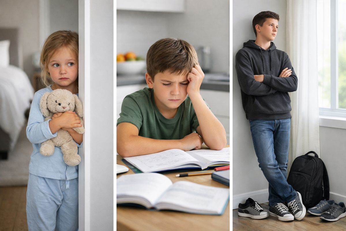 A split scene showing a young child clutching a stuffed animal near a bedroom doorway, a school-age child sitting at a kitchen table with homework and a worried expression, and a teenager standing by a window with arms crossed beside a backpack and scattered sneakers, suggesting different age-related reactions to family change