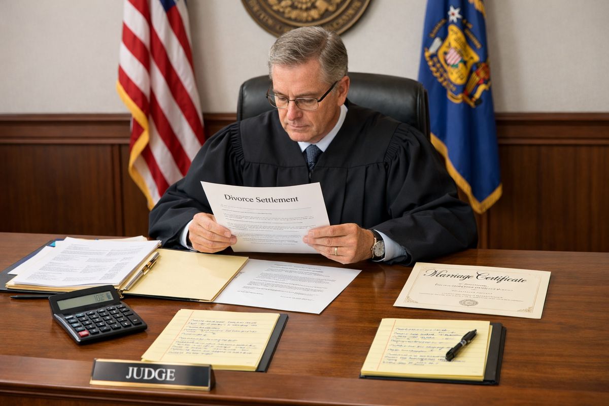 A Wisconsin courtroom bench with a judge reviewing divorce documents spread across a wooden desk, including a calculator, a folder of financial records, a marriage certificate, and two legal pads with handwritten notes, showing a case being evaluated for maintenance support
