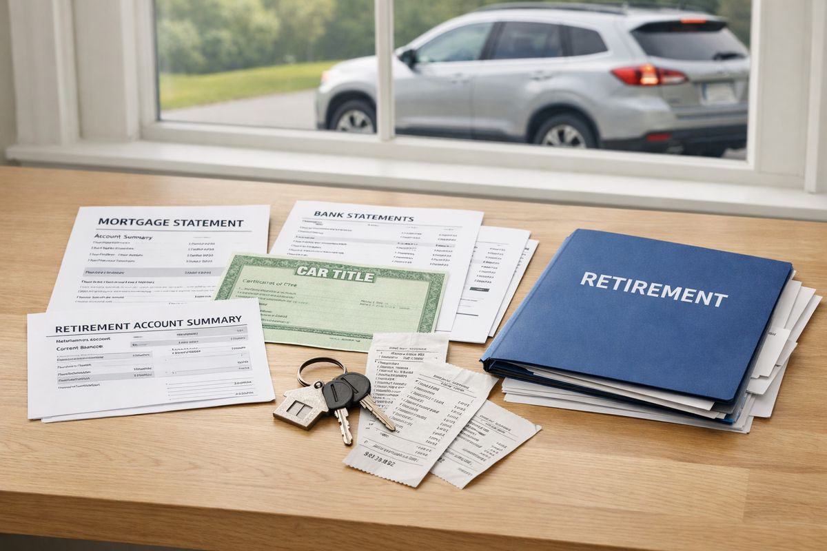 A kitchen table covered with a mortgage statement, bank statements, a car title, a retirement account summary, grocery receipts, and a set of house keys, with a family SUV parked outside a window and a retirement folder stacked beside household bills