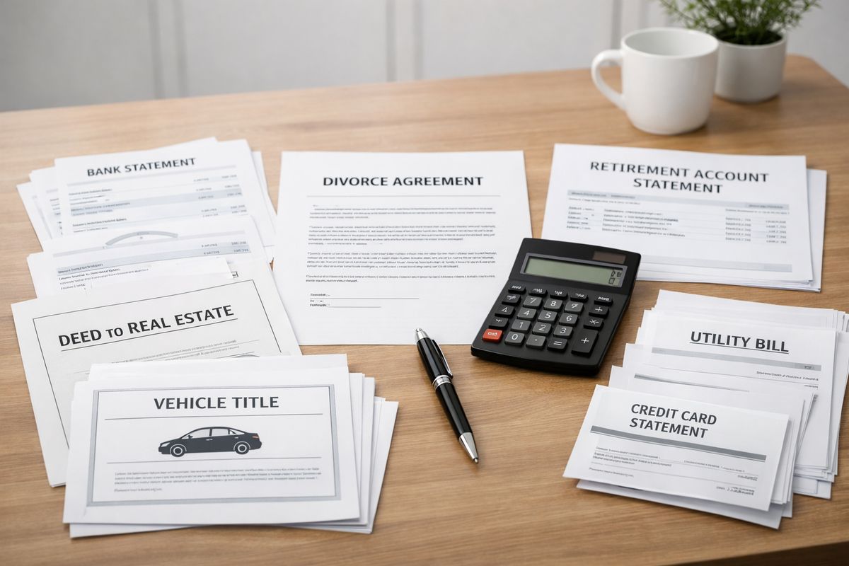 A kitchen table covered with divorce paperwork, bank statements, a house deed, a retirement account statement, a car title, and a stack of household bills, with a calculator and a pen placed beside them as if someone is sorting what belongs in a marital estate versus separate property.