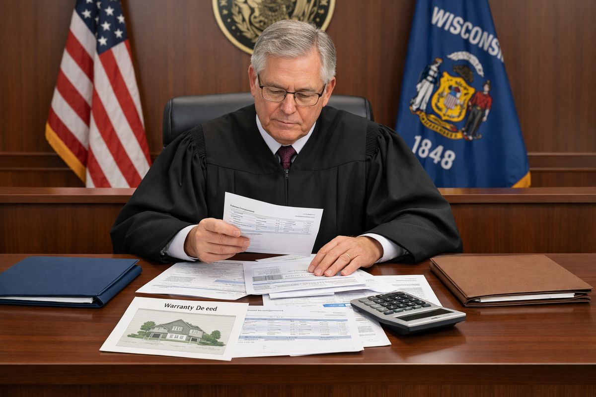 A courtroom scene with a Wisconsin judge reviewing a stack of divorce financial documents, including pay stubs, bank statements, a house deed, and a calculator spread across the bench, while two folders sit on either side of the table.