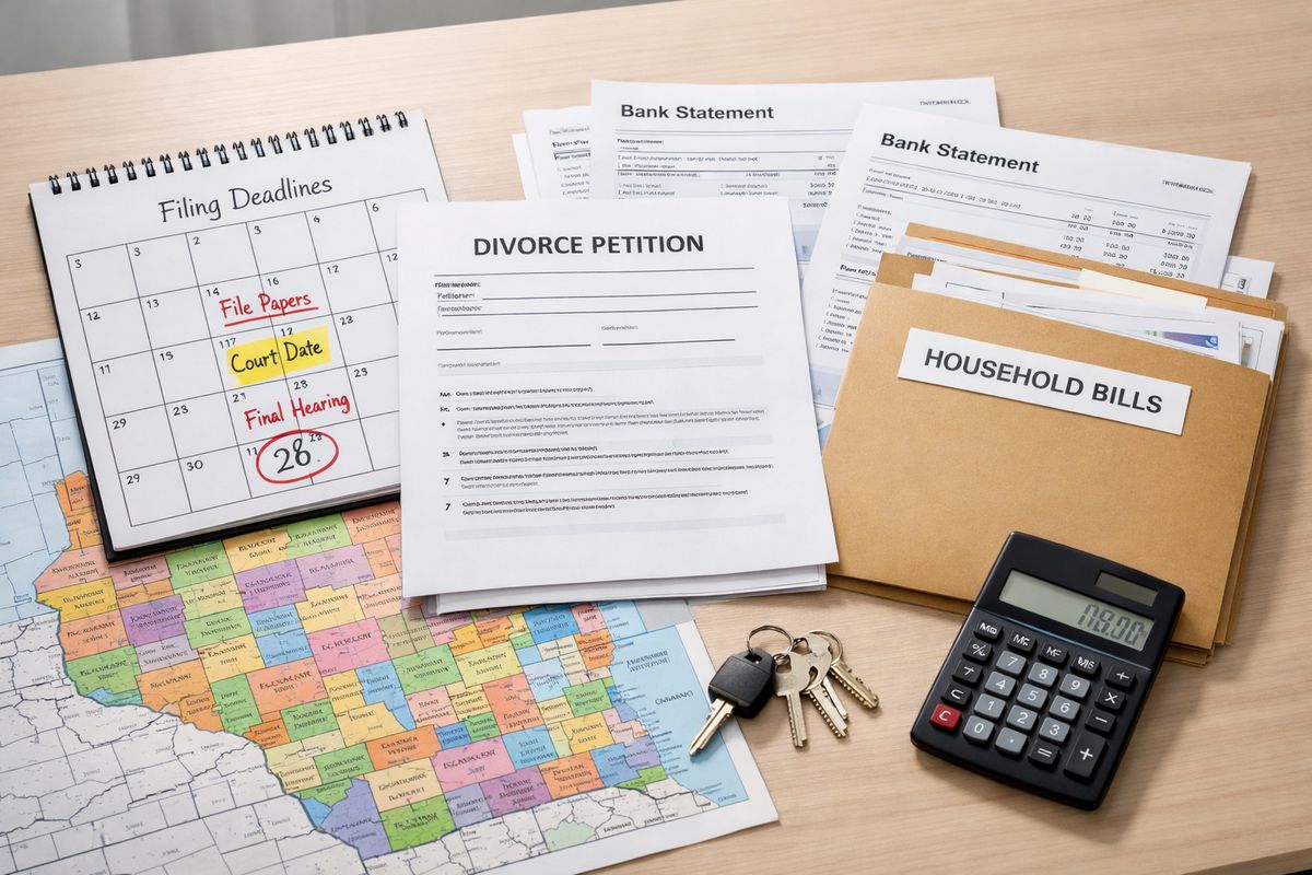 A kitchen table covered with a Wisconsin county map, a calendar marked with filing dates, divorce papers, bank statements, and a folder of household bills beside a set of keys and a calculator