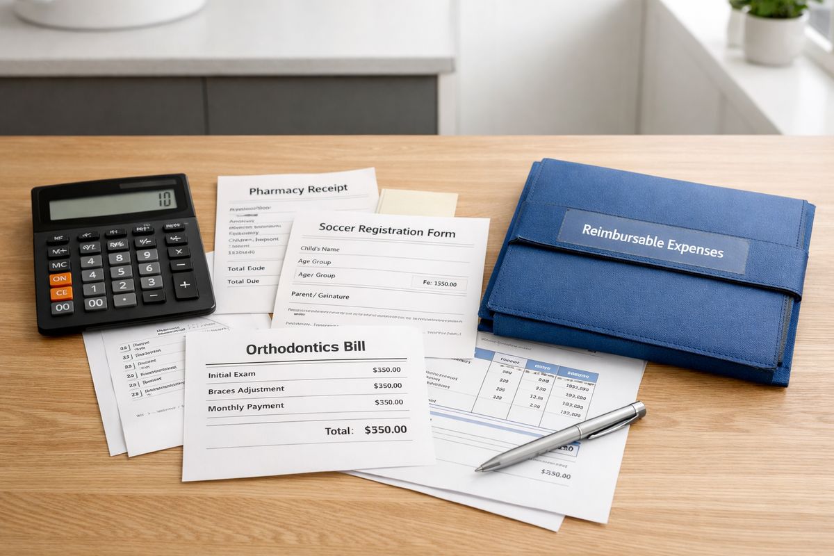 A kitchen table covered with scattered child-related bills and papers, including a pharmacy receipt, a soccer registration form, a school supply invoice, and an orthodontist bill, with a calculator and a folder for organizing reimbursable expenses beside them