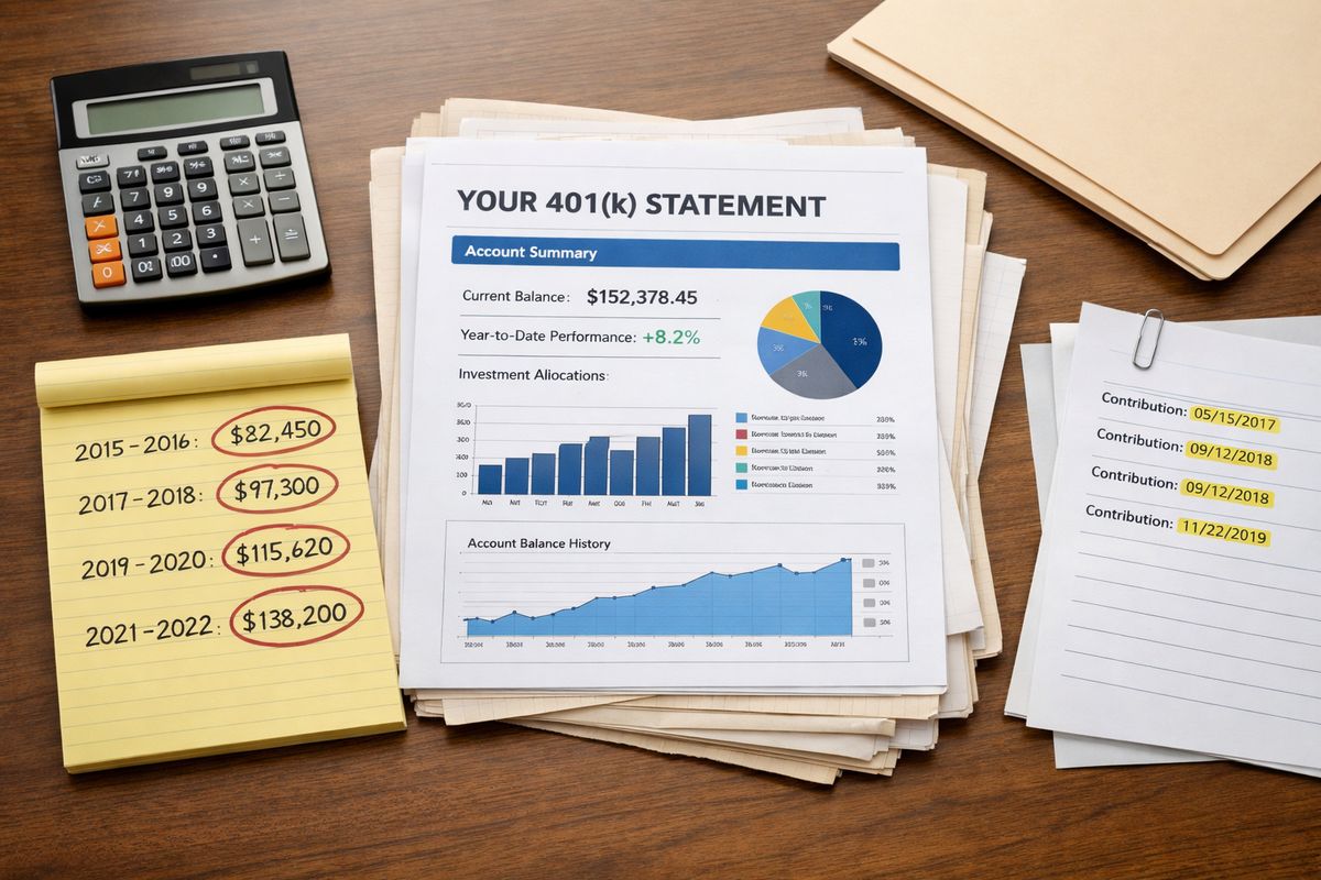 A stack of aging 401(k) statements spread across a dining table, with one recent statement on top, older statements underneath, and a yellow legal pad beside them showing handwritten date ranges and circled account balances. A calculator, a manila folder, and a few clipped pages with highlighted contribution dates sit nearby.