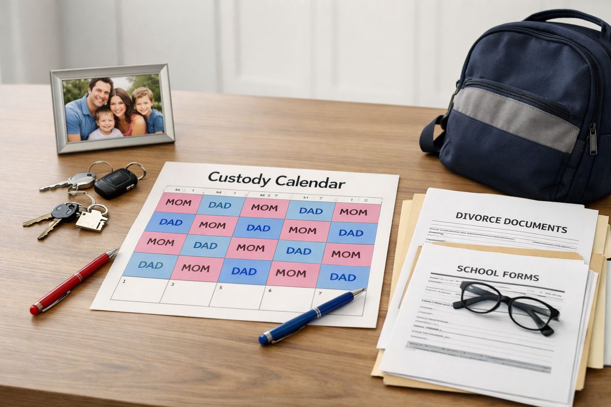 A kitchen table covered with a child custody calendar, two sets of house keys, school forms, a backpack, and a stack of divorce paperwork, with a visible split schedule marked by different colored pens and a small framed family photo set off to the side