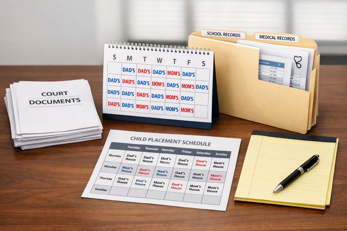 A family law office desk with a stack of court papers, a calendar marked with alternating pickup days, and a folder containing school and medical records, with a child placement schedule spread out beside a legal pad and pen.