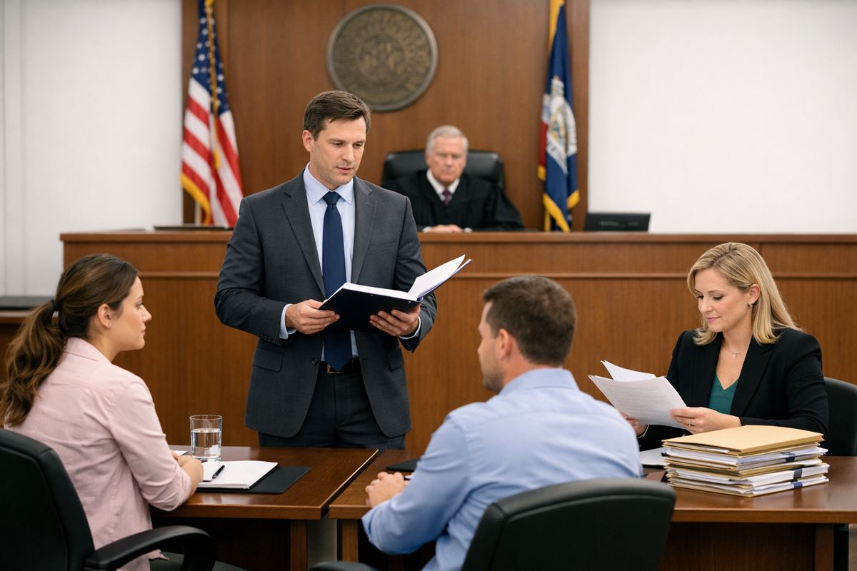 A courtroom scene with a judge seated on the bench, two parents at separate tables, and a lawyer standing between them holding a folder of papers, while a child-focused attorney reviews documents near a stack of case files, showing the guardian ad litem as a separate court role from the parents' lawyers and the judge.