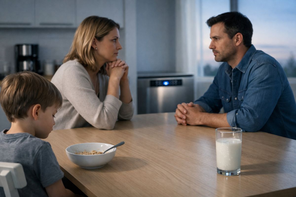 A quiet kitchen table at dawn with two parents sitting across from each other, a child in a chair nearby staring at a half-finished cereal bowl, a glass of milk with condensation, and a dishwasher running in the background while everyone sits in tense silence