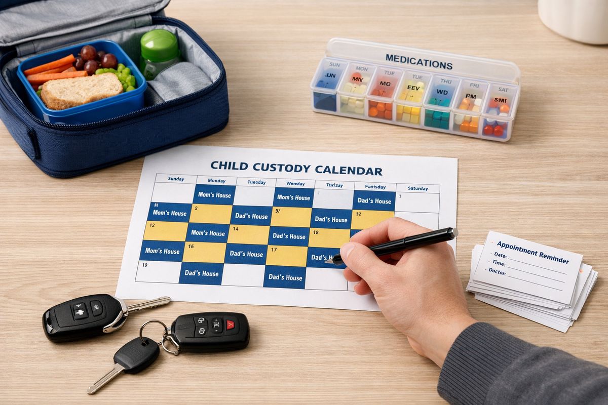 A kitchen table covered with a printed child custody calendar, a school lunchbox, a medication organizer, a stack of appointment reminder cards, and two sets of car keys, showing a parent planning daily routines across two households
