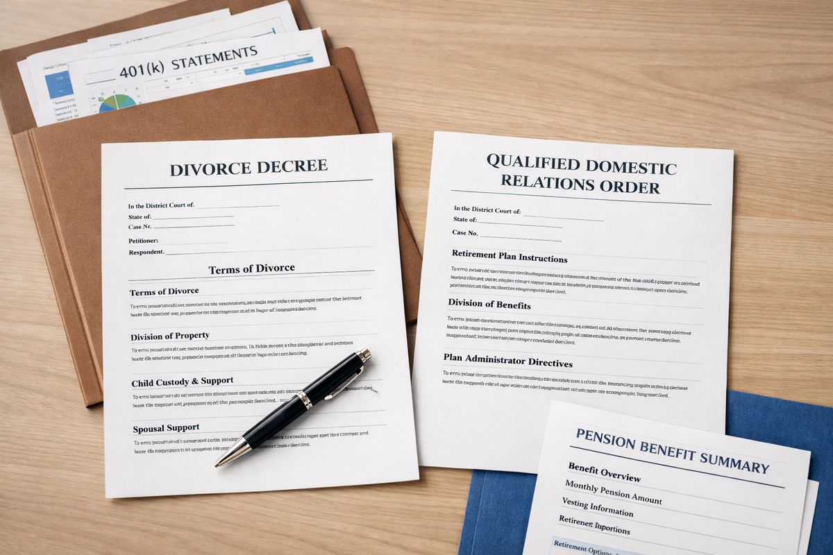 A divorce decree and a separate retirement-plan order laid side by side on a desk, with a folder of 401(k) statements and a pension benefit summary nearby, showing one document setting the divorce terms and the other giving the retirement plan instructions to follow