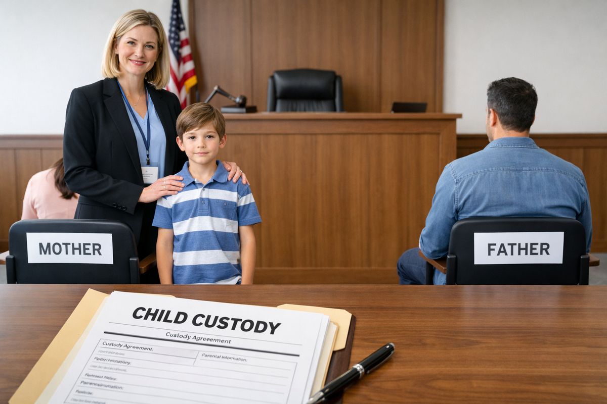 A family court scene with a judge’s bench in the background, a child custody folder open on a table, and a lawyer standing beside a small child and two separated parent chairs, showing the GAL positioned as the child’s best-interests representative rather than either parent’s advocate