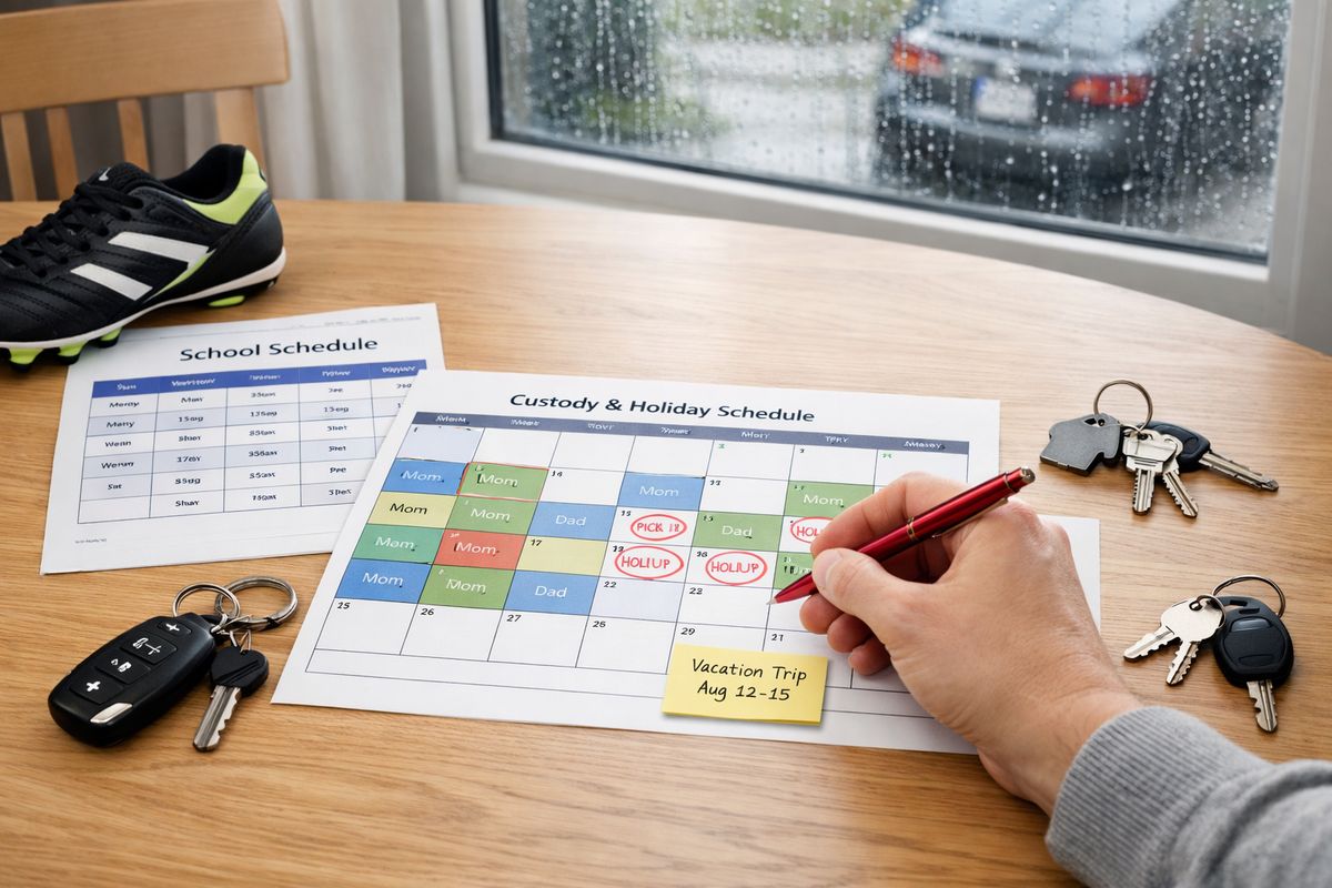 A kitchen table covered with a child custody calendar, a school schedule, a soccer cleat, a car key ring, and two separate sets of house keys, with a parent marking pickup and holiday dates on a printed planner while a rainy window looks out onto a driveway