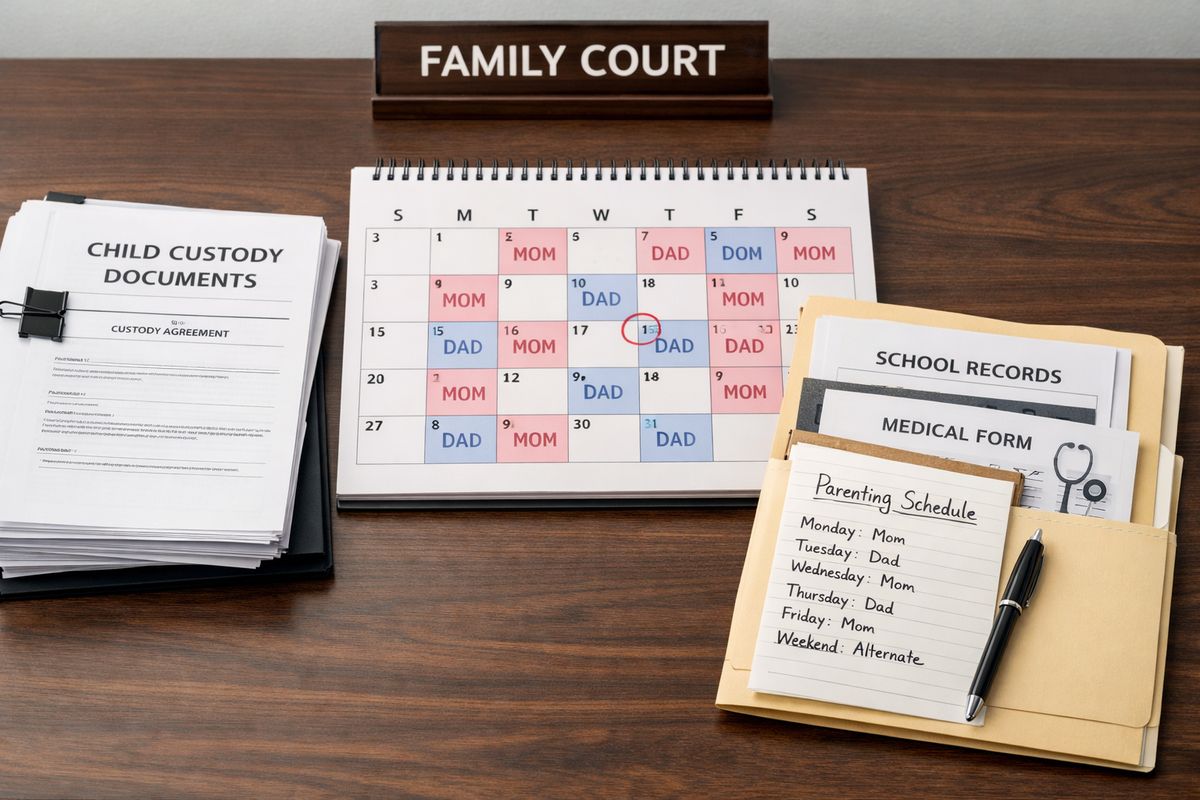 A family court table with a stack of custody paperwork, a calendar marked with alternating parent pickup days, and a folder containing school records, a medical form, and a handwritten parenting schedule