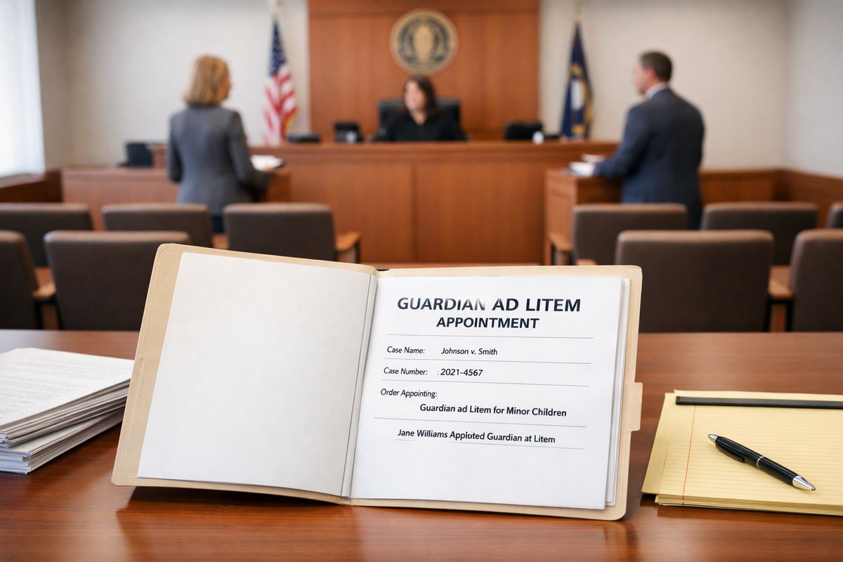 A family courtroom with the judge’s bench at the front, rows of empty wooden chairs, and a case file folder opened on a counsel table beside stacks of papers and a legal pad, showing the moment a guardian ad litem is appointed in a custody dispute