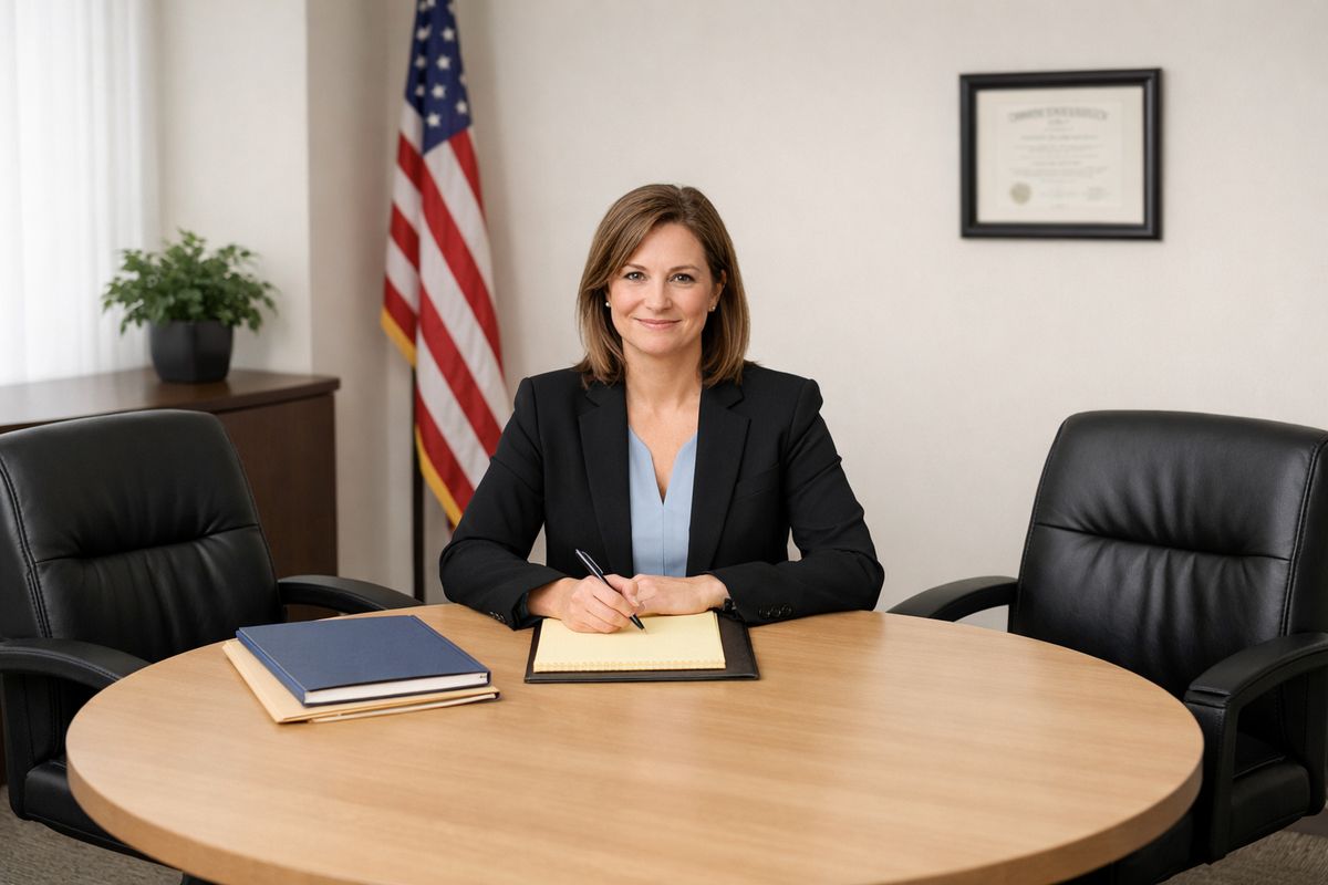 A family law courthouse meeting room with a round table, two parent-sized chairs facing each other, and a neutral mediator seated between them with folders and a legal pad, creating a calm setting for a structured custody discussion.