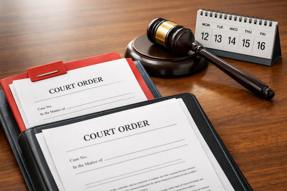 A close-up courtroom scene with two stacked paper court orders on a wooden desk, one page clipped with a temporary red folder tab and the other placed beneath it in a thicker binder, with a gavel and a calendar showing a short span of days beside them