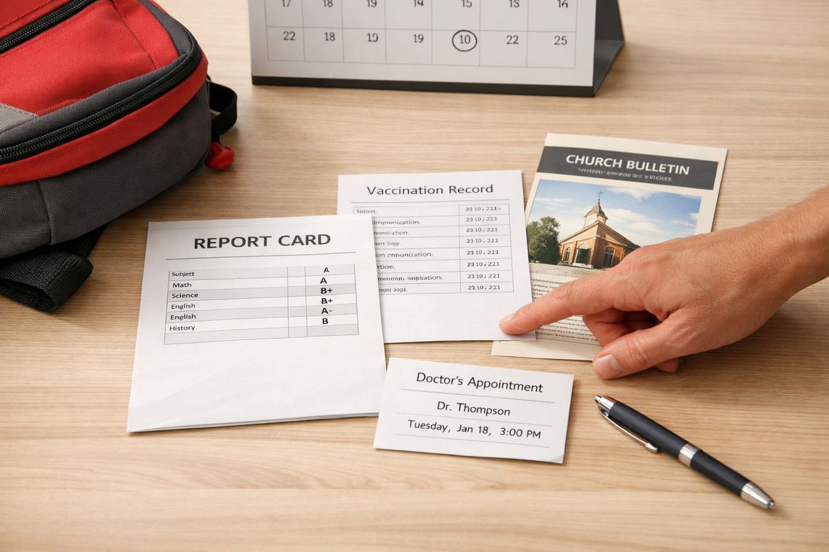 A close-up of a family table with a school report card, a vaccination record, a church bulletin, and a medical appointment card spread beside a calendar, with one parent pointing at the documents while the child’s backpack sits nearby