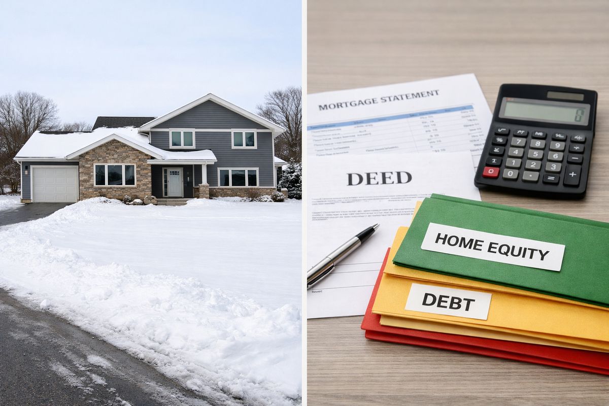 A suburban Wisconsin house with a split roofline and winter snow in the yard, shown beside a table covered with mortgage statements, a deed, and a calculator, with a stack of folders representing the home’s value minus the remaining debt.