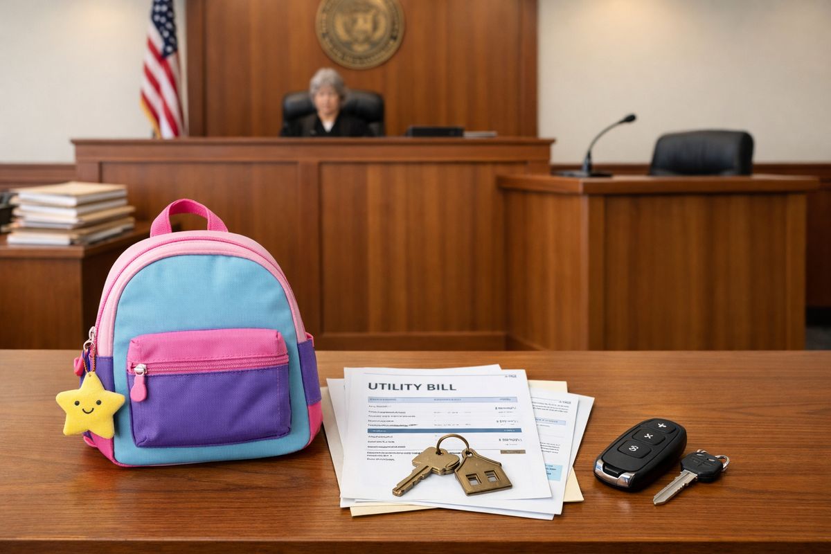 A family court courtroom with a judge’s bench, an empty witness stand, stacked case folders, and a table holding a child’s backpack, utility bills, a house key, and a car key, showing the immediate issues a temporary order hearing can decide.