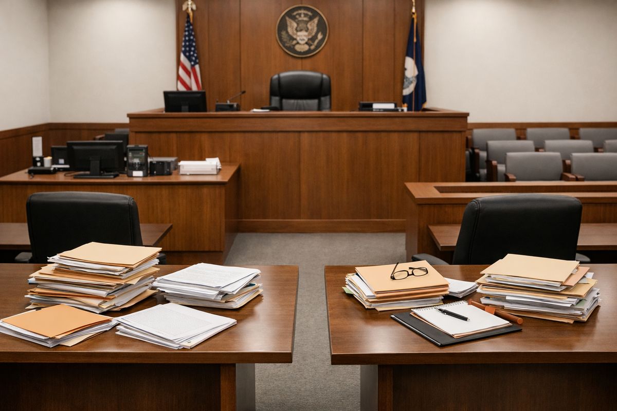 A courthouse courtroom with a raised judge’s bench, two separate tables for opposing sides, and a stack of paper files and manila folders spread across the tables, with a clerk’s desk and seating rows visible in the background